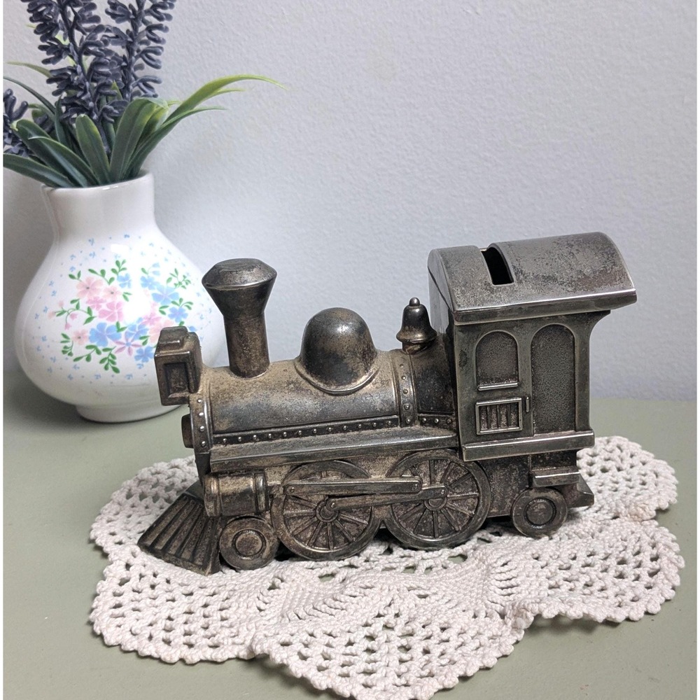 Vintage Train Coin Bank, Silver Tone Locomotive Bank, Made in Hong Kong